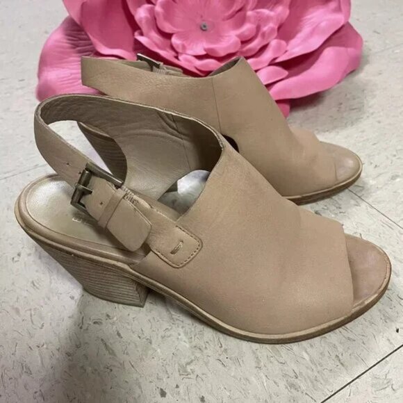 Eileen Fisher Shoes - EILEEN‎ FISHER Glance Leather Peep Toe Slingback Heel Shoe Sandals